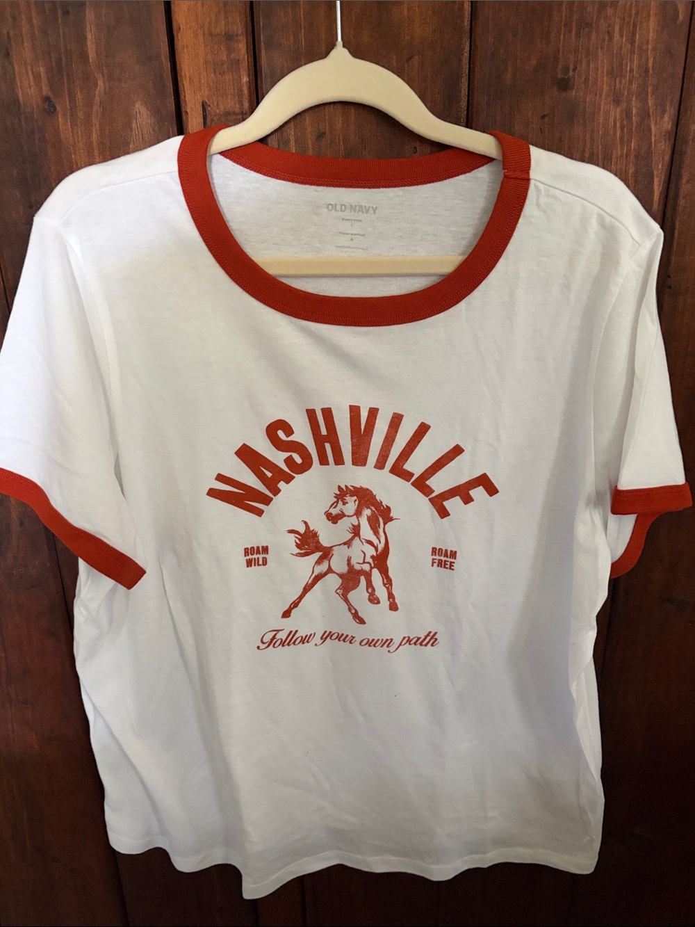 Old Navy White Tee with Orange Nashville Horse Graphic and Trim